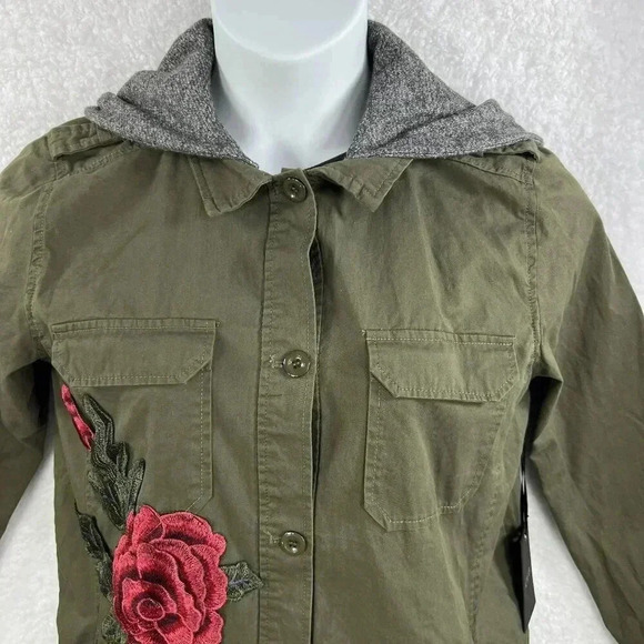 Active USA NWT Lg Hooded Utility Jacket Floral Patch Military Army Green Shacket - Picture 6 of 16